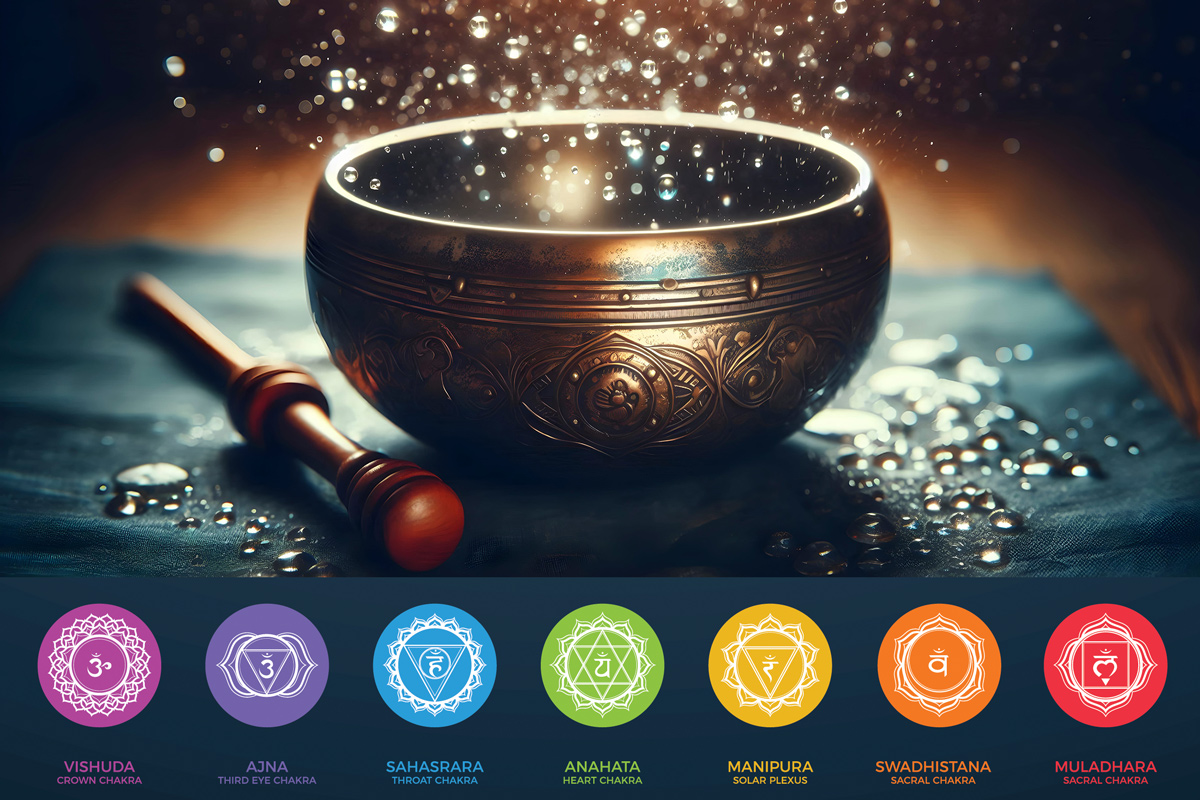 A singing Bowl with water drops above it and a graphic showing the colors and symbols of the 7 chakras under it.