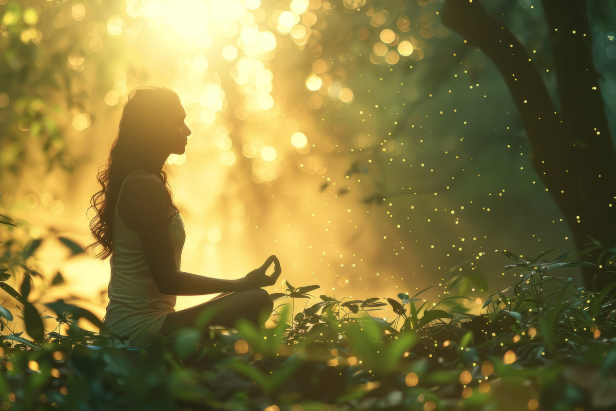 Woman meditating in a yoga pose in a lush green forest.