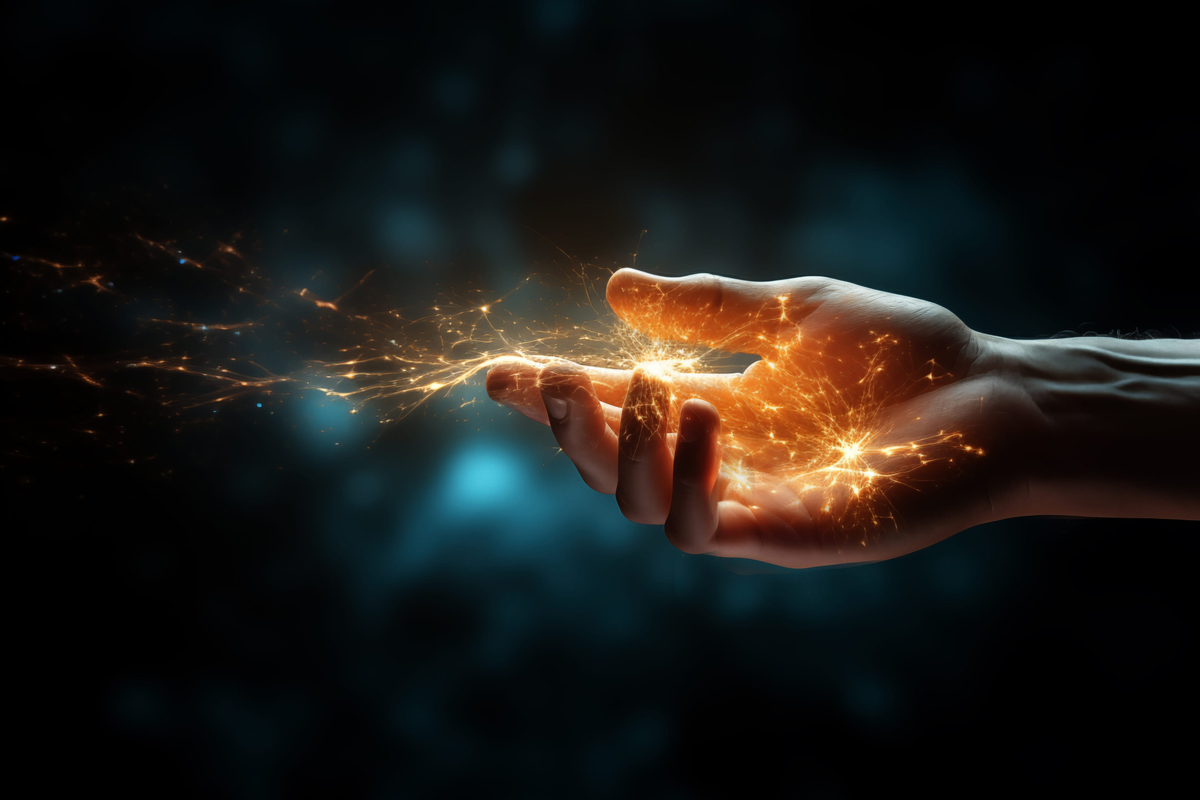 A man's hand with glowing yellow symbols written across his palm and energy flowing out from his finers.
