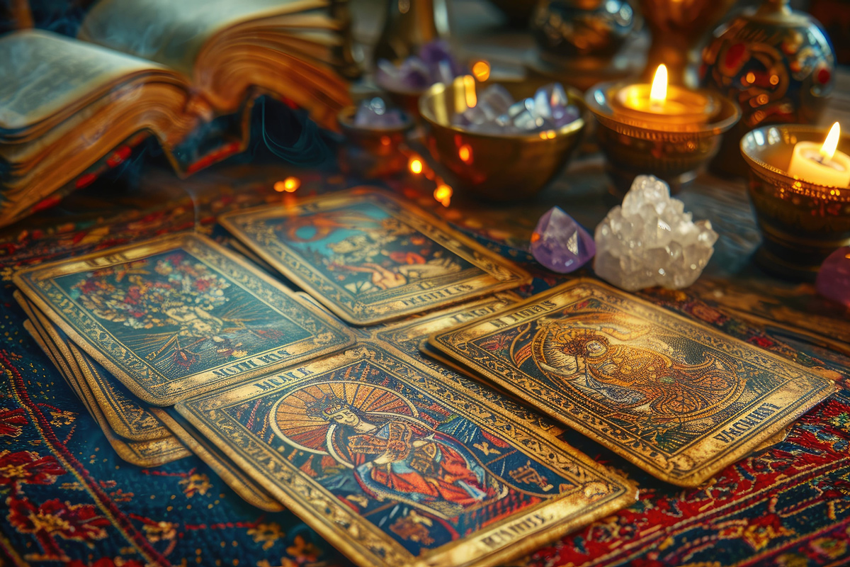 Tarot Cards set up for a Tarot Card Reading next to crystals and candles.